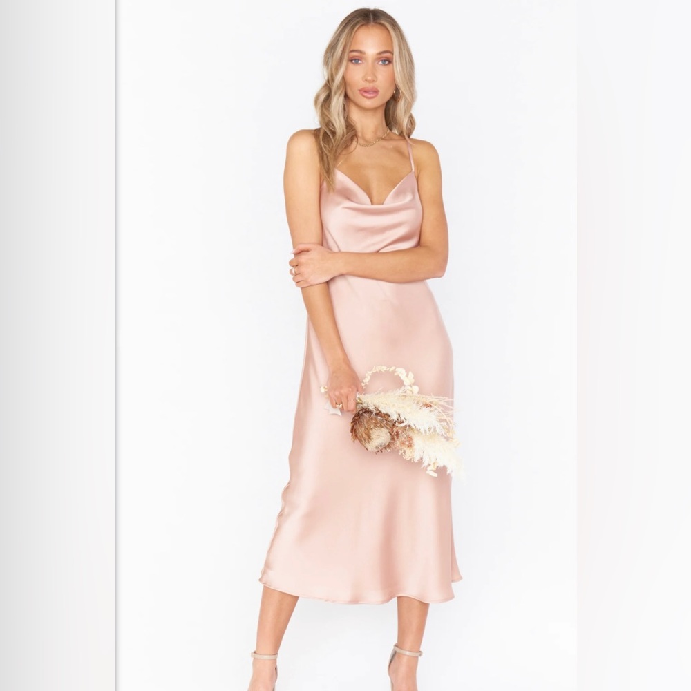 SHOWMEYOURMUMU VERONA COWL MIDI DRESS - ROSE GOLD LUXE SATIN